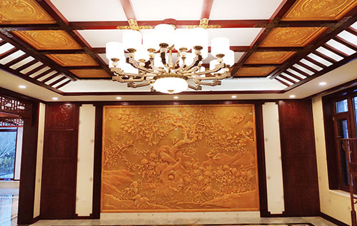 海口中式别墅客厅中式木作横梁吊顶装饰展示